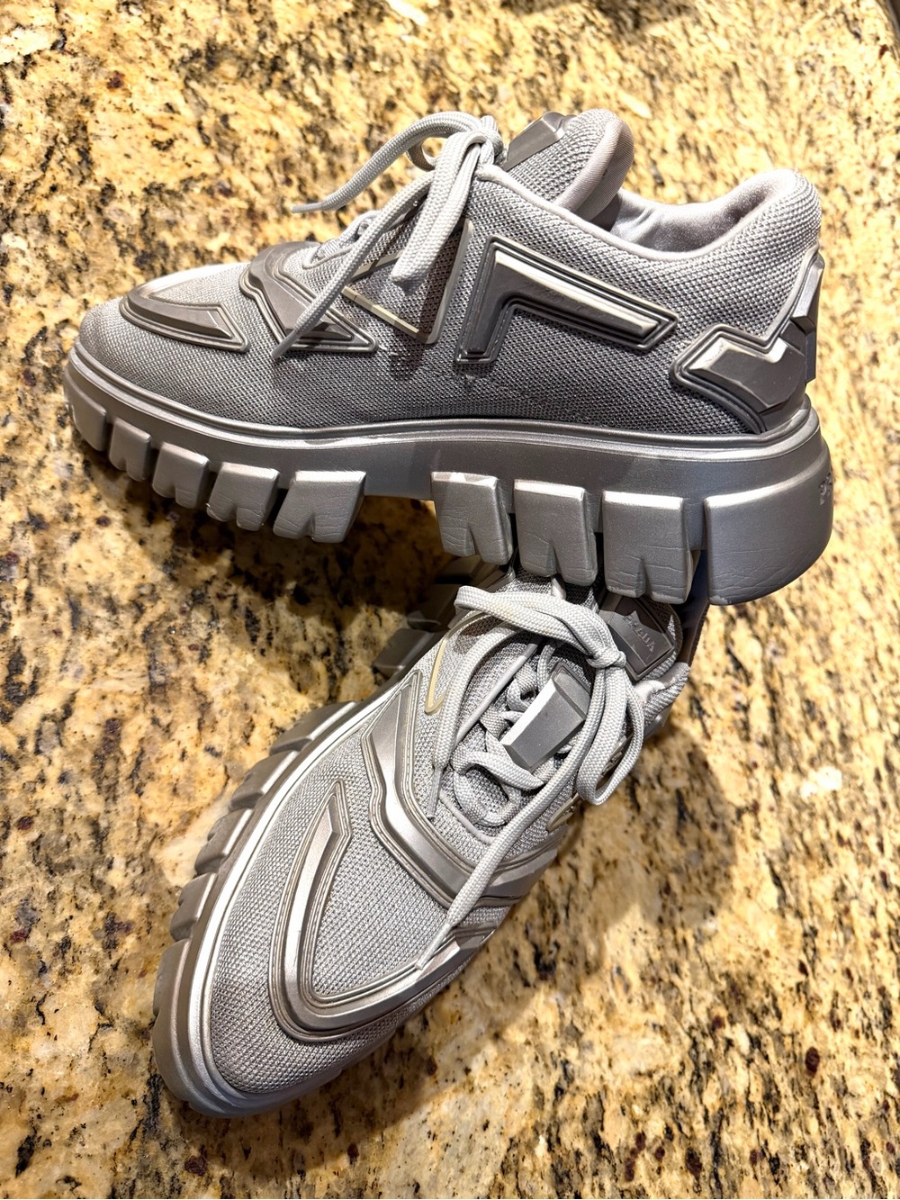 Prada Evolution Tech Women’s Chunky Lace-Up Sneakers in Light Gray and Silver - Picture 5 of 16